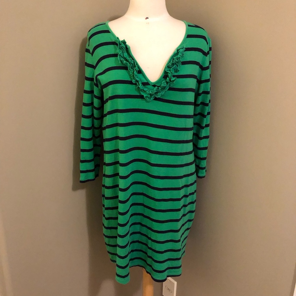 Crown and Ivy Long Sleeve Green and Navy Striped Dress Size Medium